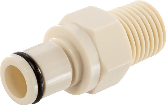 Exemplary representation: Coupling plug with male thread, polypropylene, beige