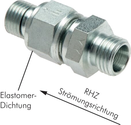 Exemplarische Darstellung: Rückschlagventil ohne Mutter & Schneidring (Durchfluss vom Rohr zum Gewinde, Stahl verzinkt)